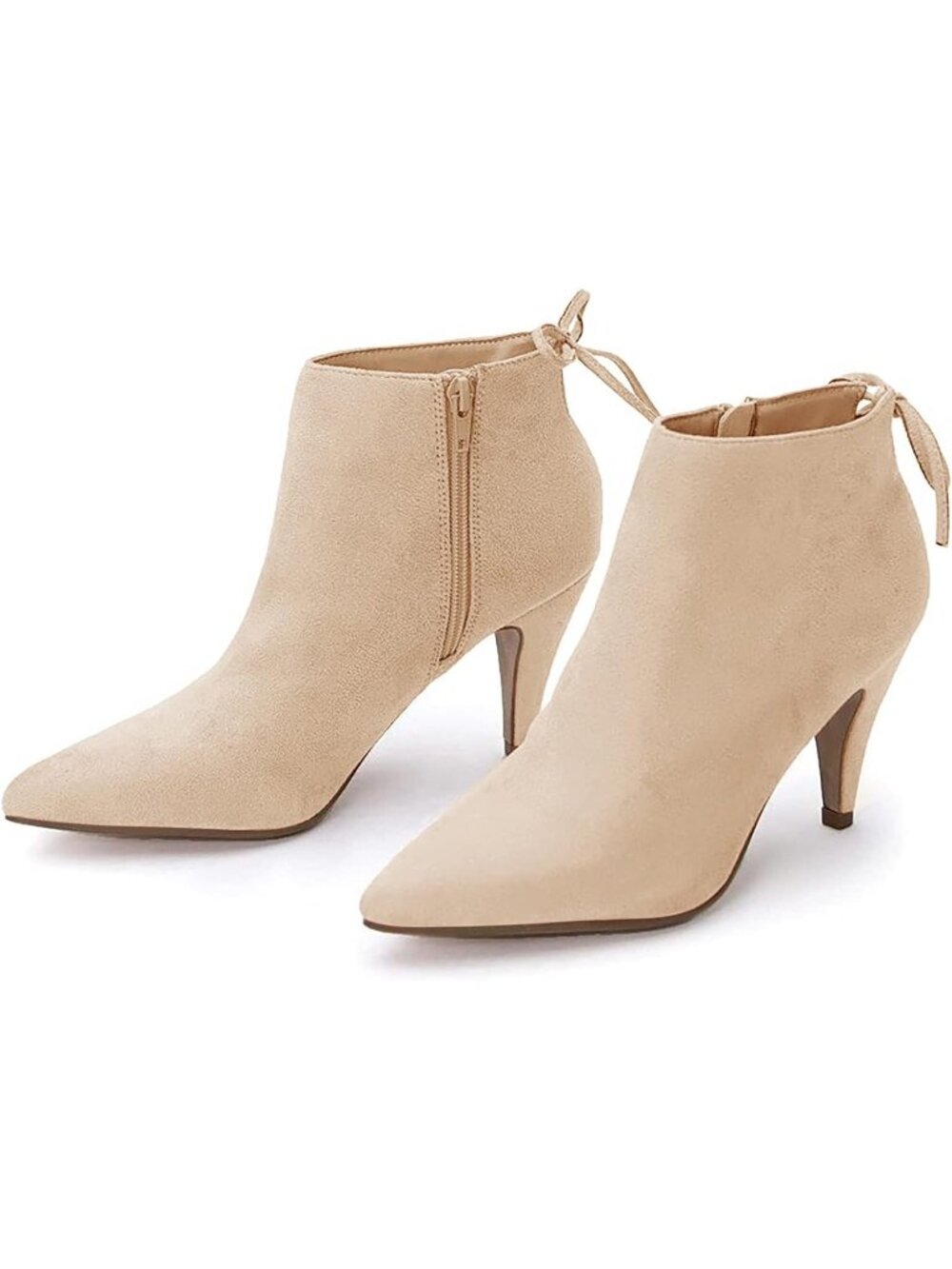 Women's Beige Pointed Toe Kitten Stiletto Heels Bowtie Strappy Ankle Boots